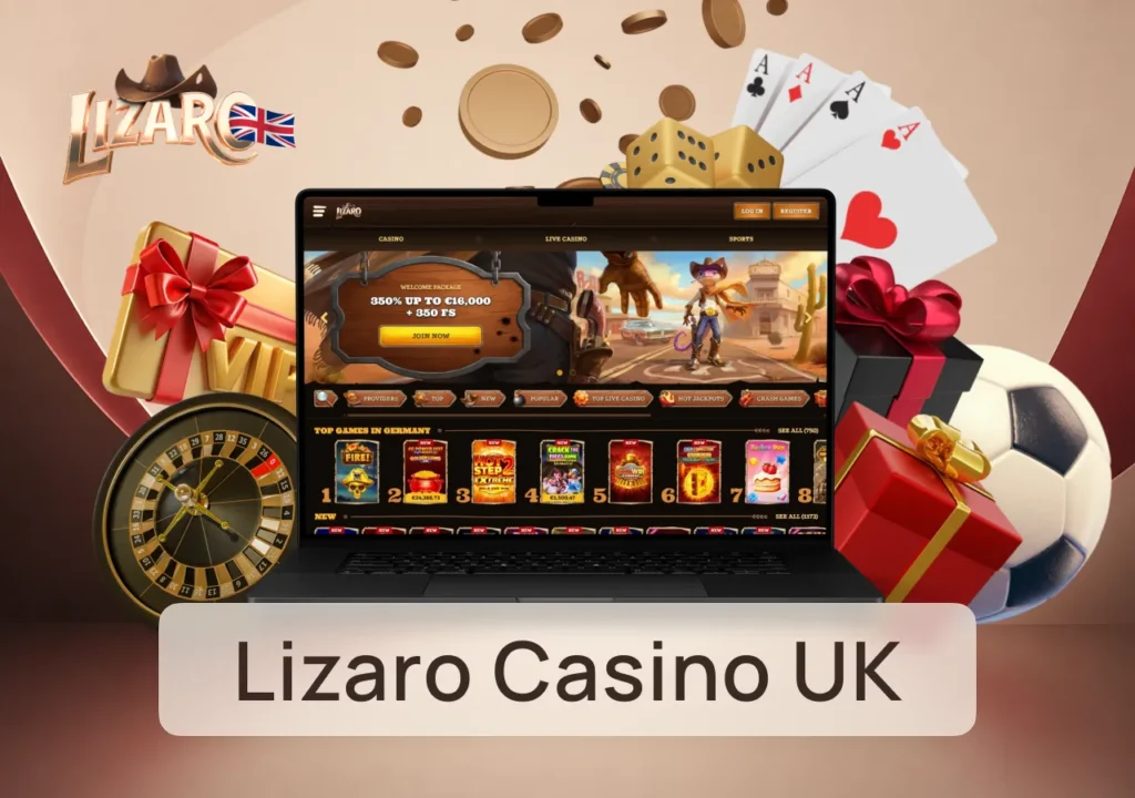 Lizaro Casino homepage displays casino games, a welcome offer and navigation for UK players.