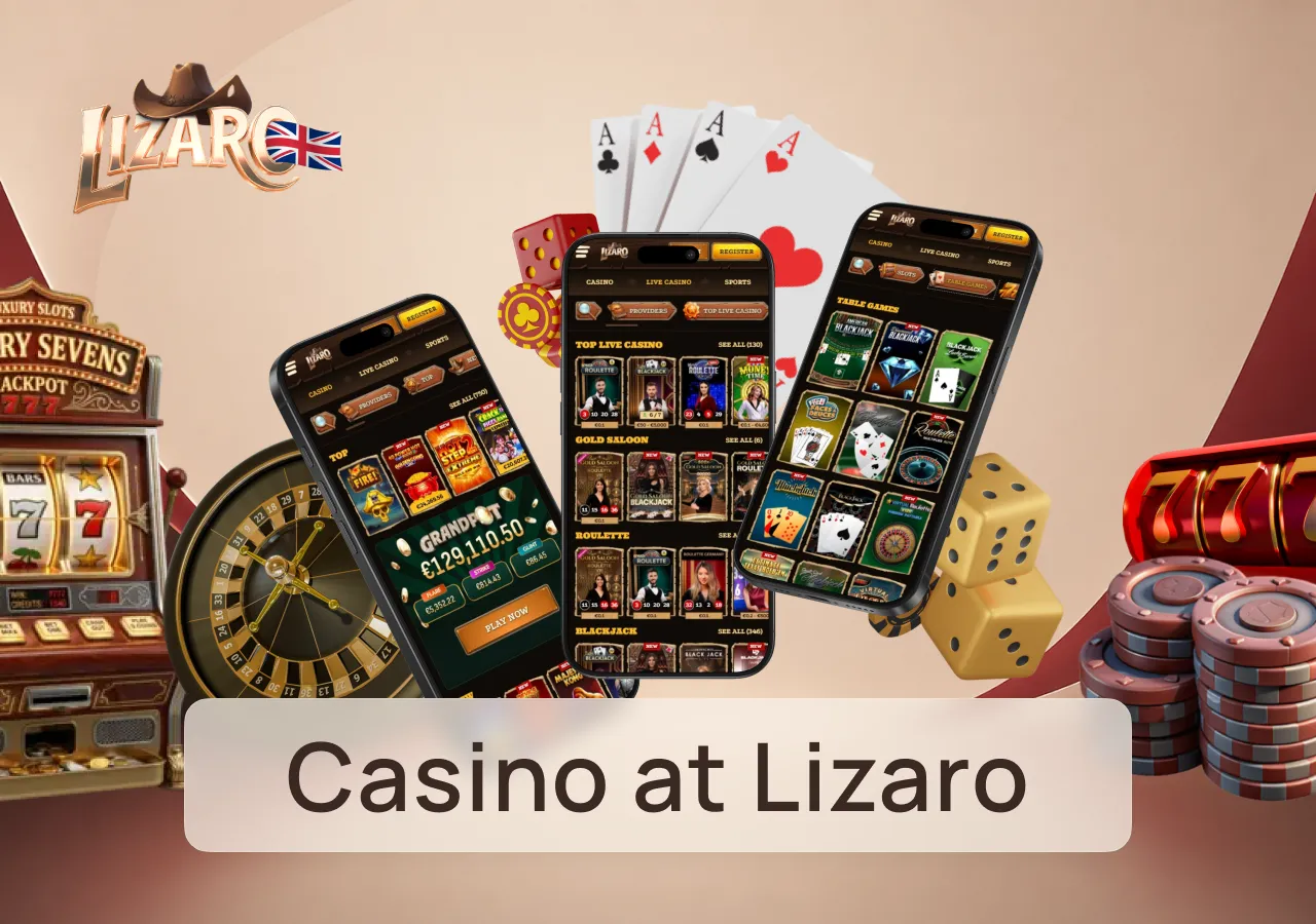 Casino games are displayed across mobile devices, including slots, roulette and blackjack.