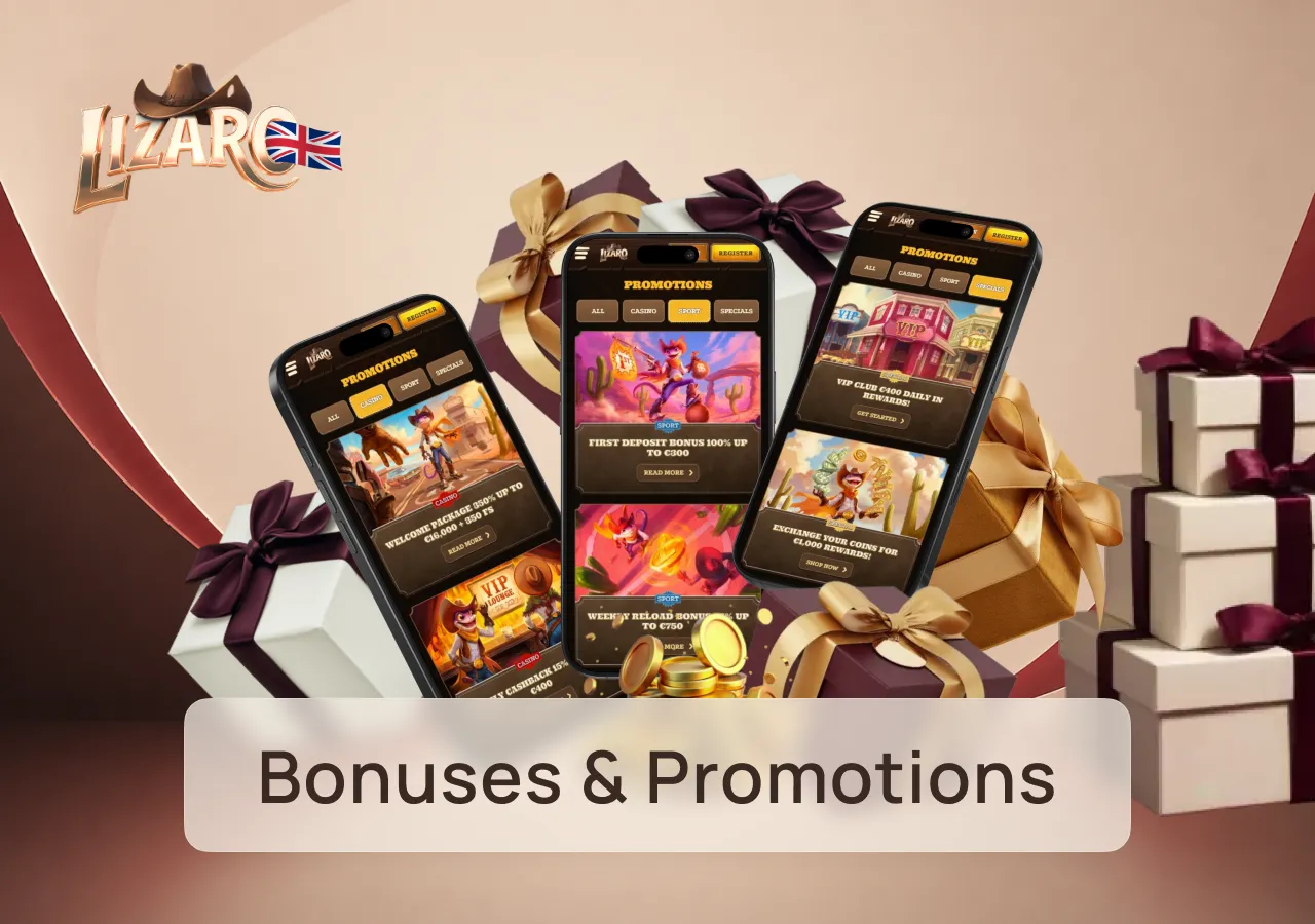 Casino, live game, and sports betting bonuses provide different rewards for Lizaro Casino players.