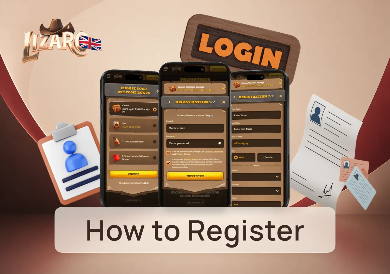Registration includes choosing a welcome bonus, entering email and password, and providing personal details.