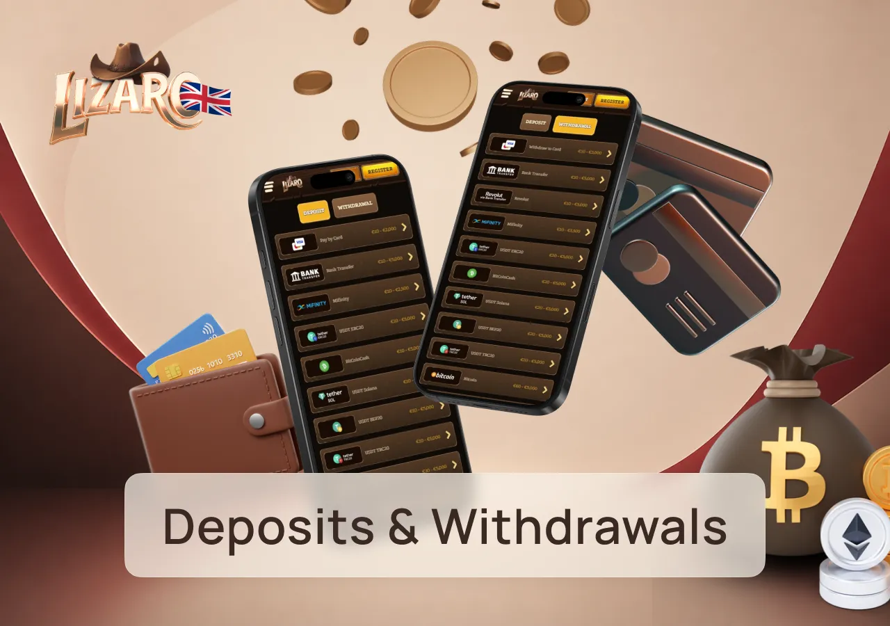 Deposit and withdrawal methods include bank cards, e-wallets, bank transfers, and cryptocurrency.